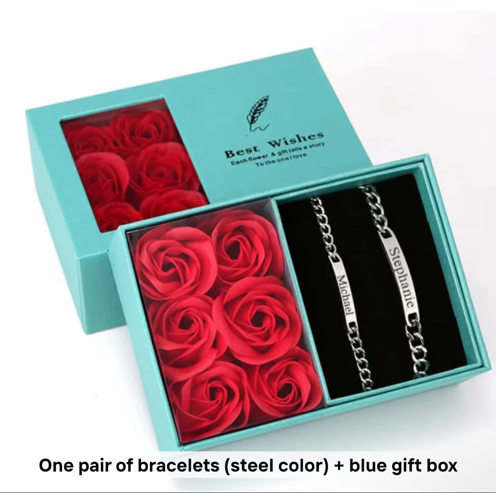 Customizable Matching Couples Bracelets Gold/Silver w/Rose Giftbox