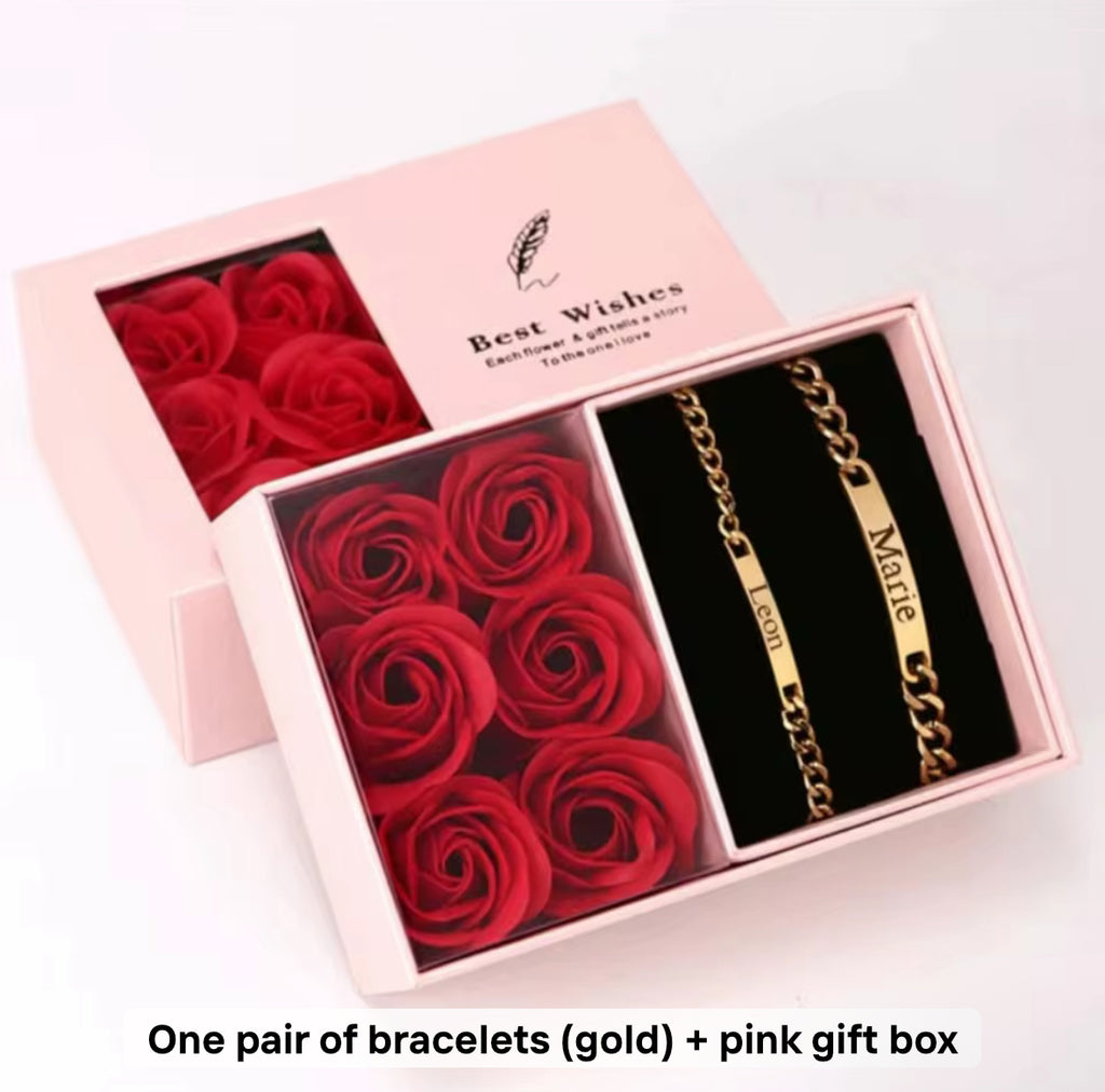 Customizable Matching Couples Bracelets Gold/Silver w/Rose Giftbox